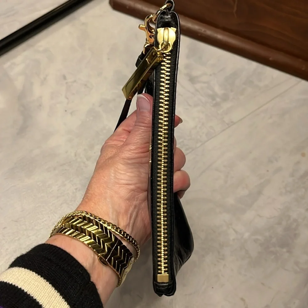 Tory Burch Wristlet wallet Black genuine crinkled leather  Gold tone accents EUC